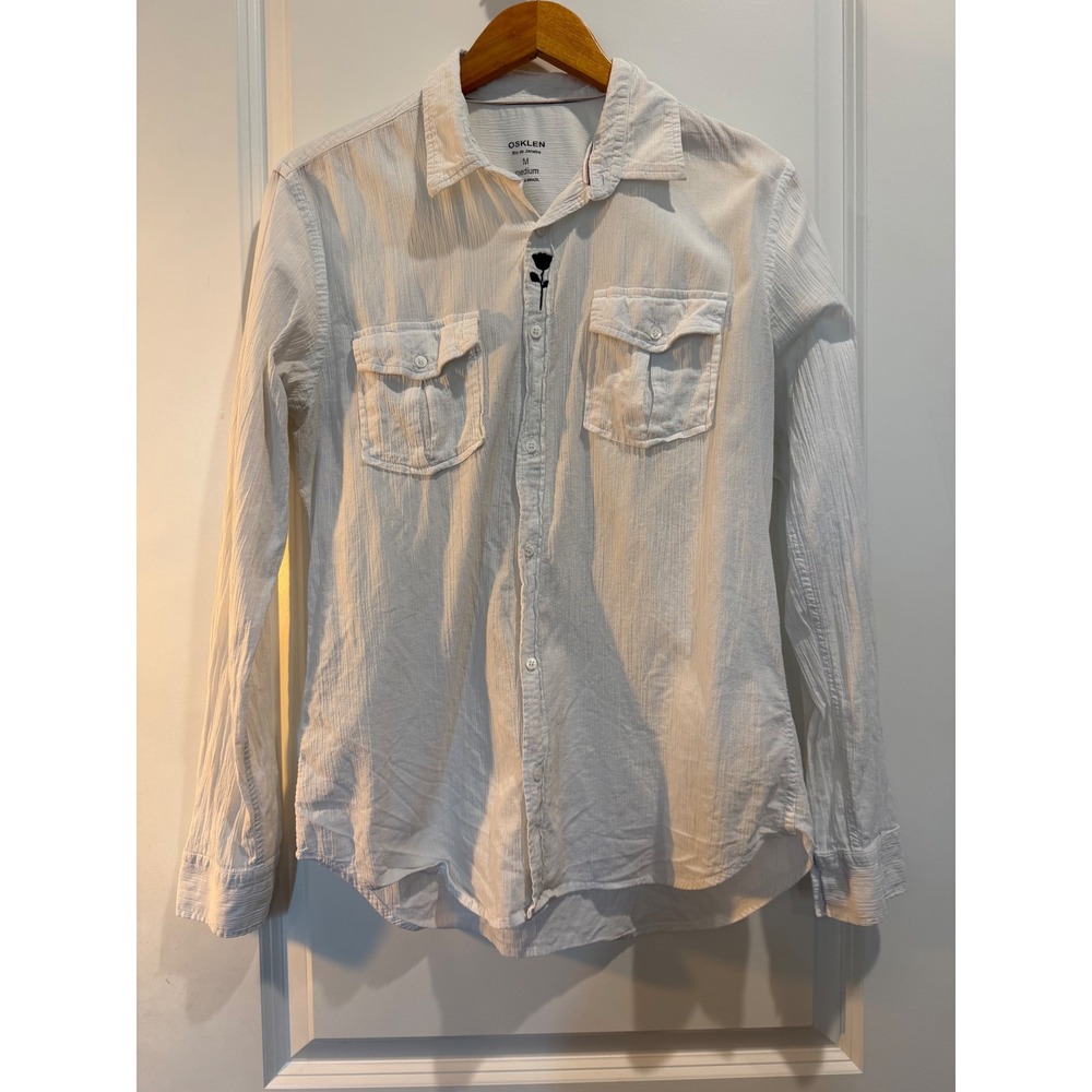 Osklen Rio de Janeiro Mens Medium White Crinkle Texture Rose Embroidery Shirt